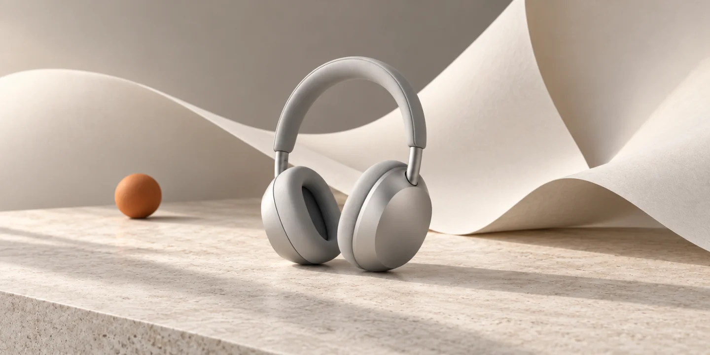 Over-ear wireless headphones arranged on a pale studio background
