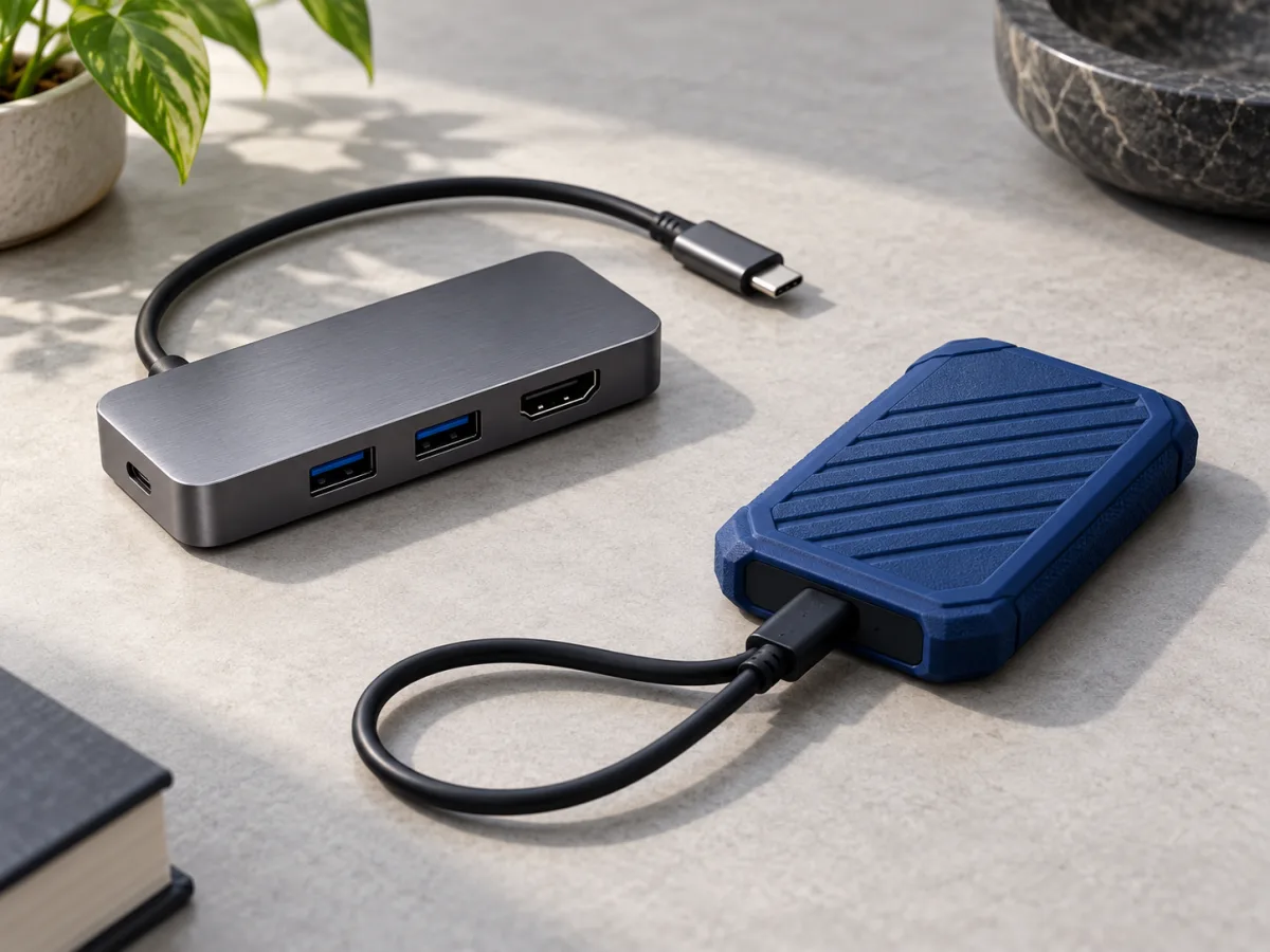 A compact multiport USB-C hub with its connecting cable