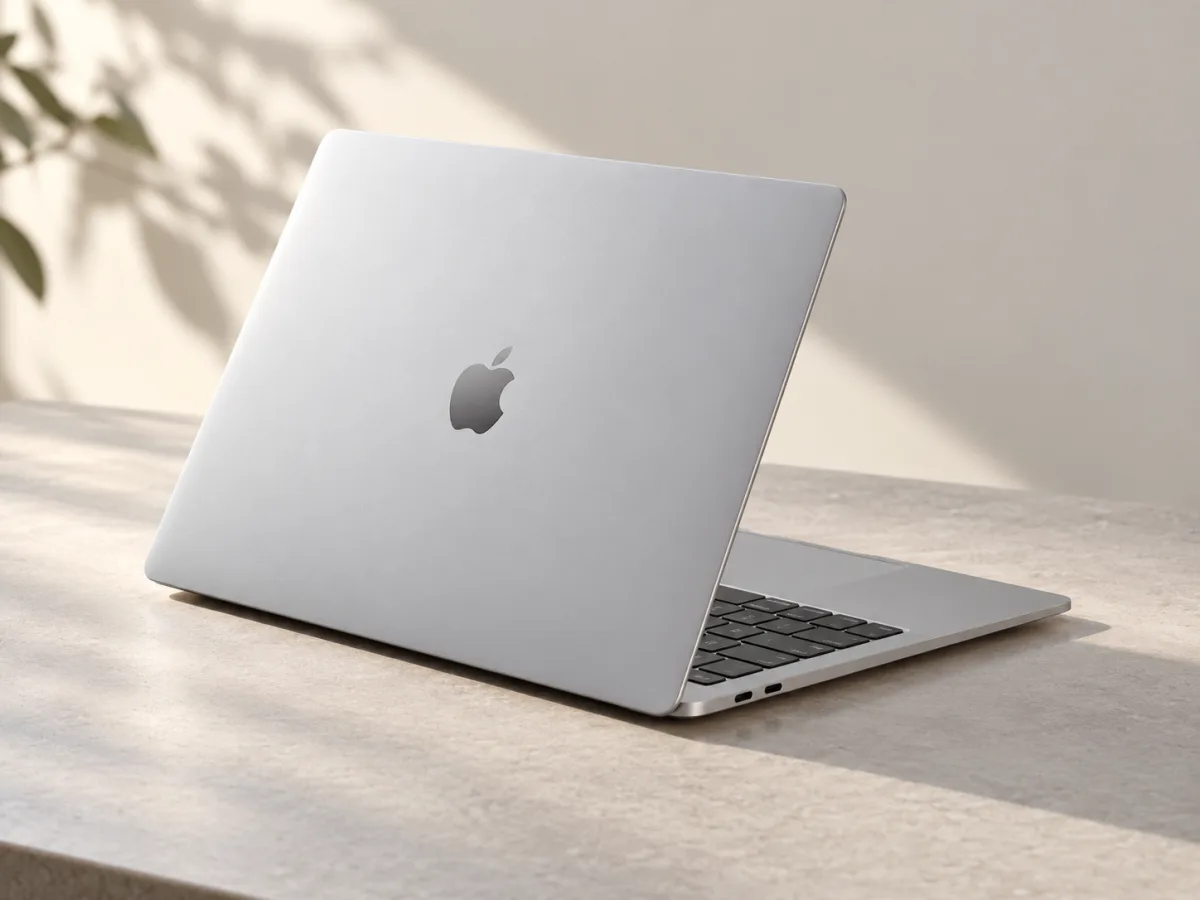 A slim laptop on a minimal desk, shown as an editorial product illustration